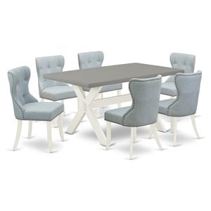 East West Furniture X-Style 7-piece Wood Dining Set in White/Cement/Baby Blue