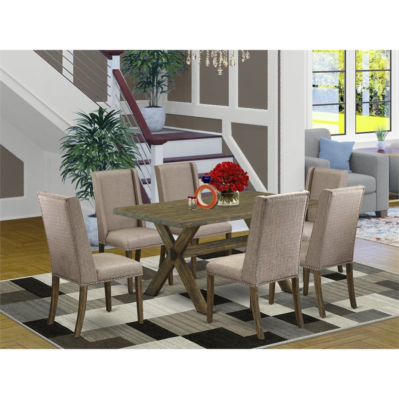 East West Furniture X-Style 7-piece Wood Kitchen Table Set in Dark Khaki Brown