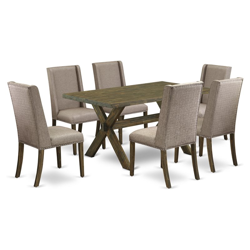 East West Furniture X-Style 7-piece Wood Kitchen Table Set in Dark Khaki Brown