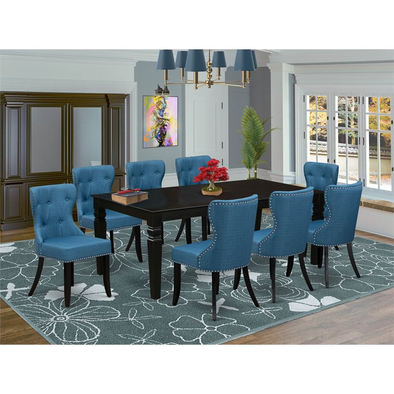 East West Furniture Logan 9-piece Wood Dining Set in Black/Mineral Blue