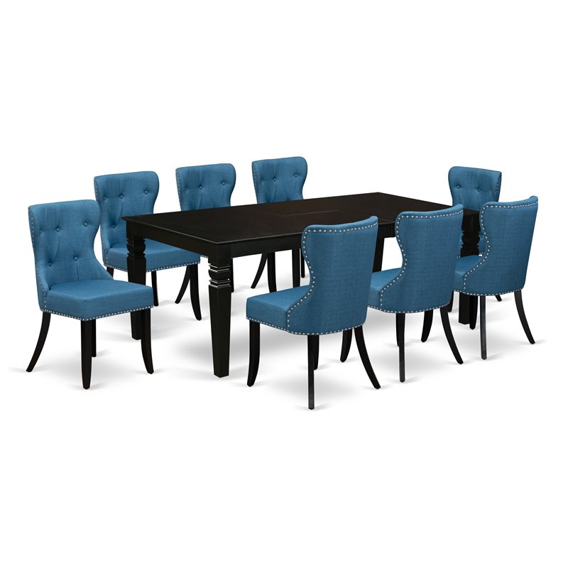 East West Furniture Logan 9-piece Wood Dining Set in Black/Mineral Blue