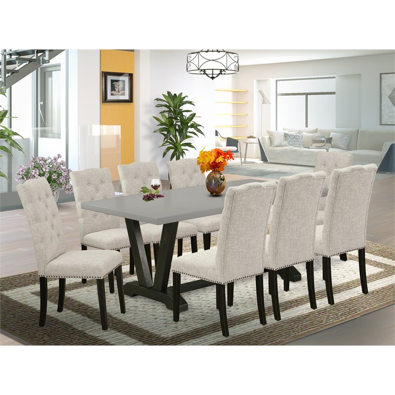East West Furniture V-Style 9-piece Wood Dining Set in Dark Khaki Brown