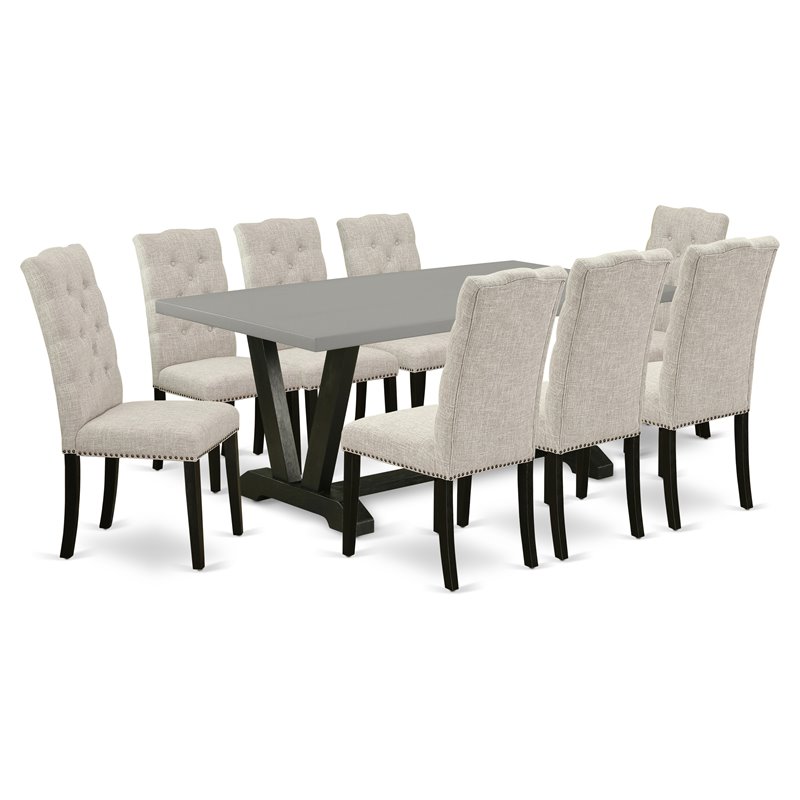 East West Furniture V-Style 9-piece Wood Dining Set in Dark Khaki Brown