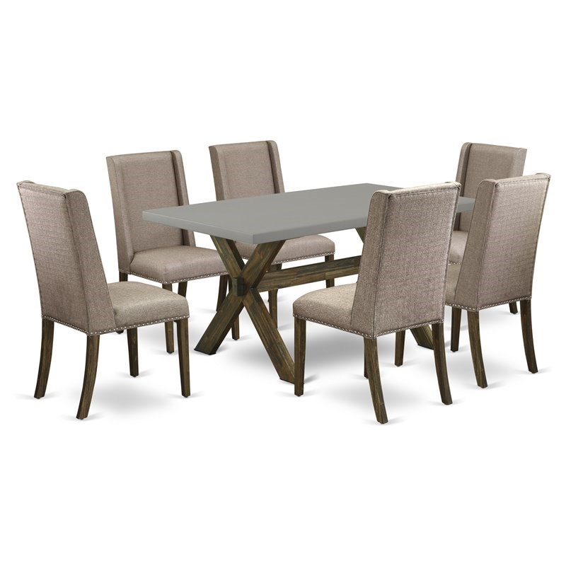 East West Furniture X-Style 7-piece Wood Dinner Table Set in Dark Khaki Brown