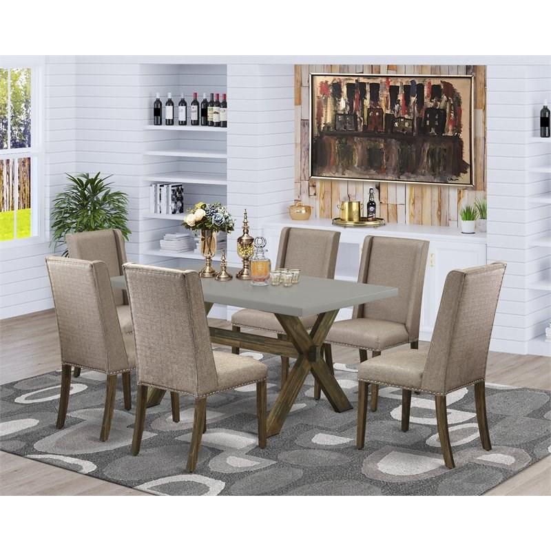 East West Furniture X-Style 7-piece Wood Dinner Table Set in Dark Khaki Brown
