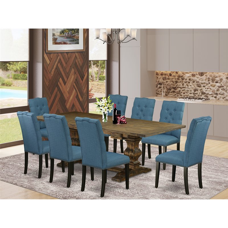 East West Furniture Lassale 9-piece Wood Dining Set in Brown/Mineral Blue