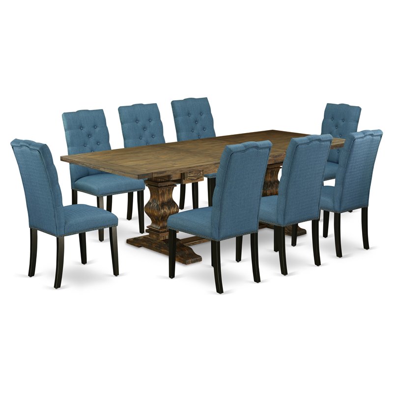 East West Furniture Lassale 9-piece Wood Dining Set in Brown/Mineral Blue