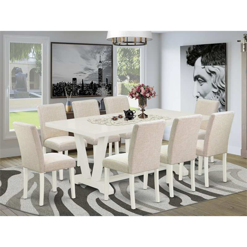 East West Furniture V-Style 9-piece Wood Dining Set in Light Beige