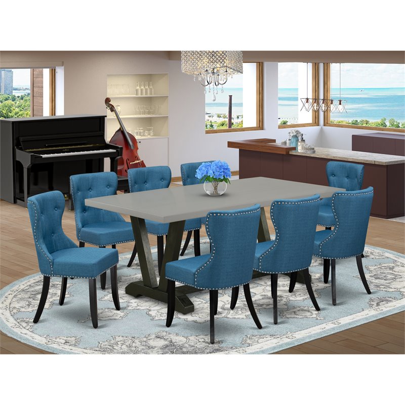 East West Furniture V-Style 9Pcs Wood Dining Set in Cement and Black