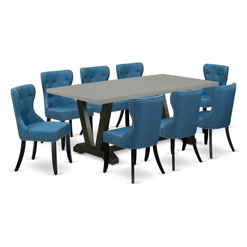 East West Furniture V-Style 9Pcs Wood Dining Set in Cement and Black