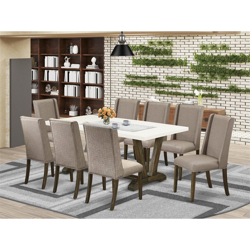 East West Furniture V-Style 9-piece Wood Dining Table Set in Dark Khaki Brown