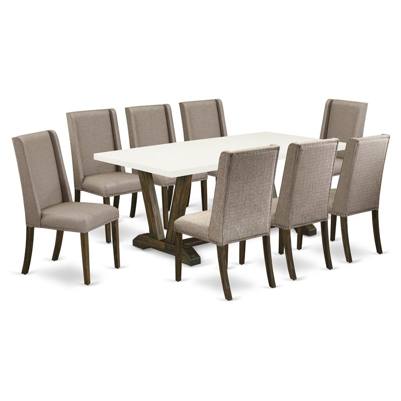 East West Furniture V-Style 9-piece Wood Dining Table Set in Dark Khaki Brown