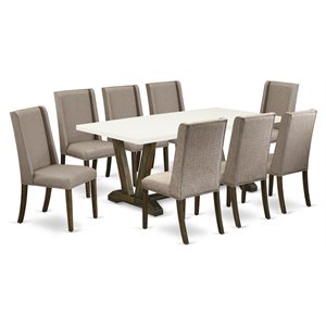 East West Furniture V-Style 9-piece Wood Dining Table Set in Dark Khaki Brown