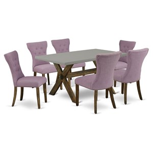 East West Furniture X-Style 7-piece Wood Dining Room Table Set in Dahlia Purple