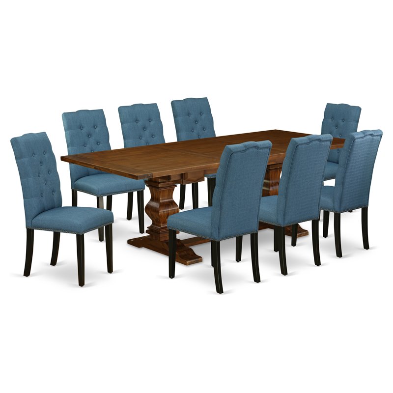 East West Furniture Lassale 9-piece Wood Dining Set in Walnut/Mineral Blue