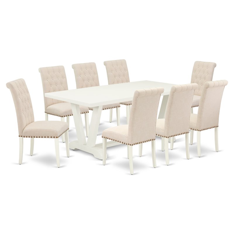 East West Furniture V-Style 9-piece Wood Dining Set in Dark Shitake Beige