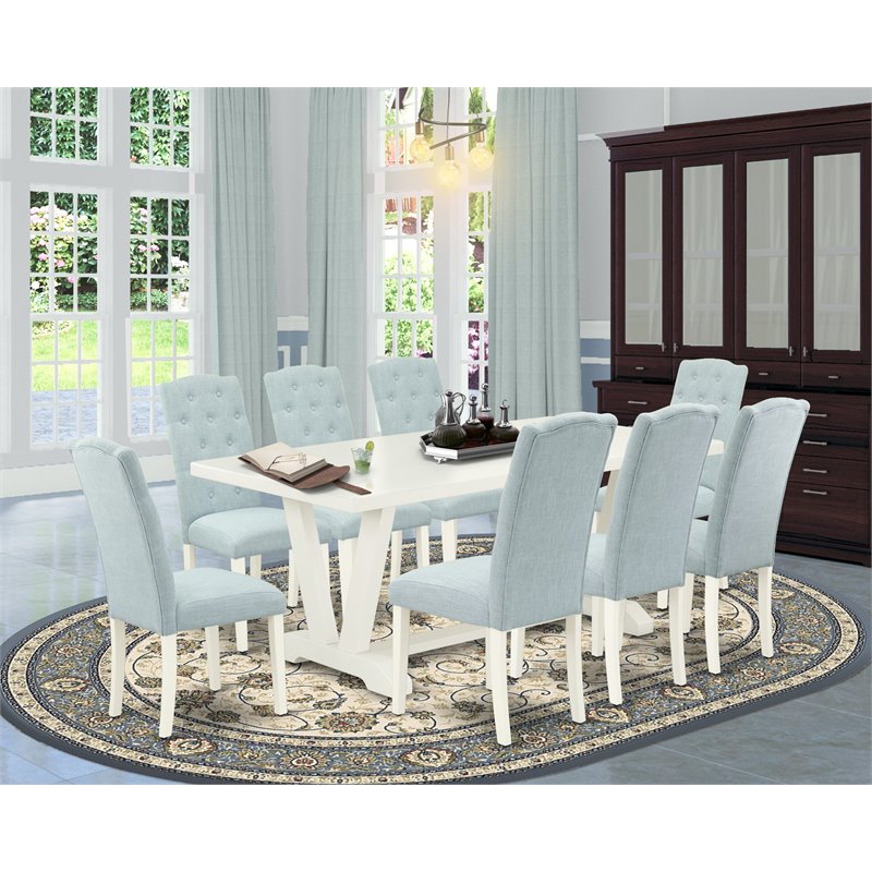 East West Furniture V-Style 9-piece Wood Dining Table Set in Linen White