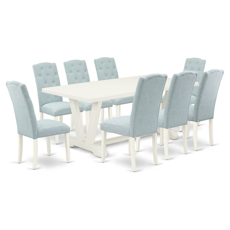 East West Furniture V-Style 9-piece Wood Dining Table Set in Linen White