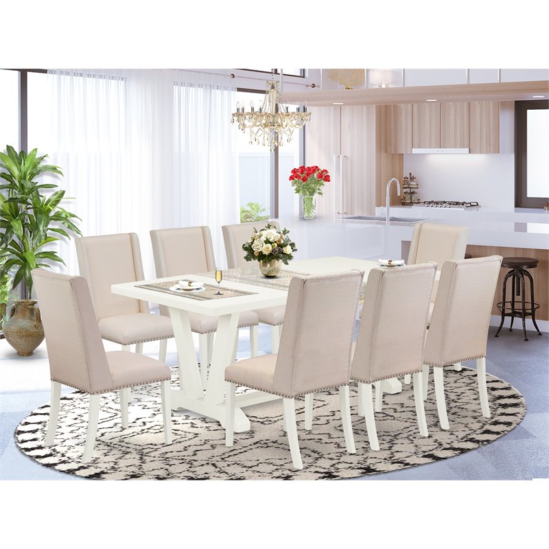 East West Furniture V-Style 9-piece Wood Dinette Set in Linen White