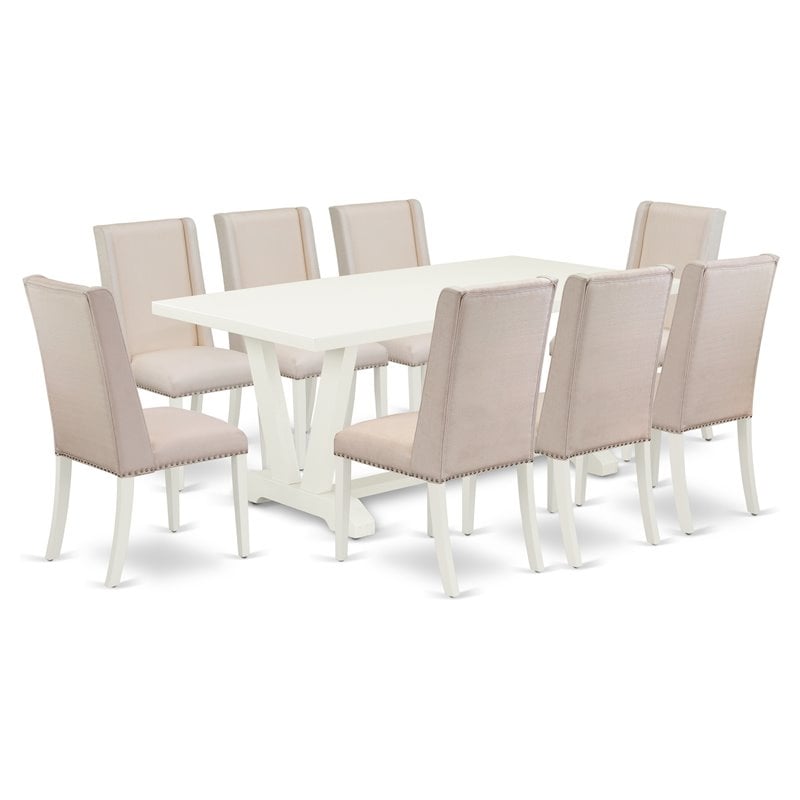 East West Furniture V-Style 9-piece Wood Dinette Set in Linen White