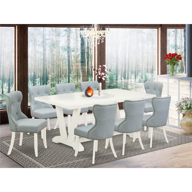 East West Furniture V-Style 9-piece Wood Dining Set in Linen White/Baby Blue