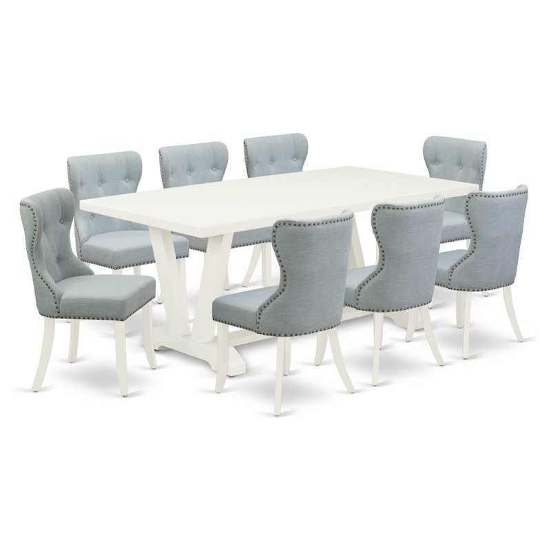 East West Furniture V-Style 9-piece Wood Dining Set in Linen White/Baby Blue