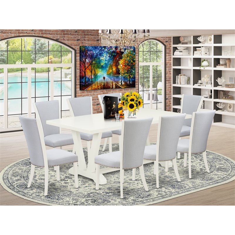 East West Furniture V-Style 9-piece Wood Kitchen Table Set in Linen White