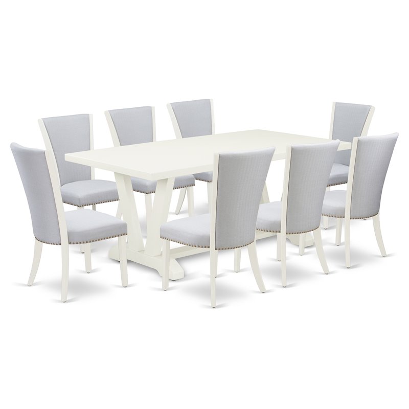 East West Furniture V-Style 9-piece Wood Kitchen Table Set in Linen White