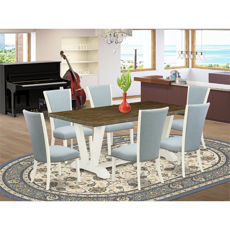 East West Furniture V-Style 7-piece Dining Table Set in Linen White/Baby Blue