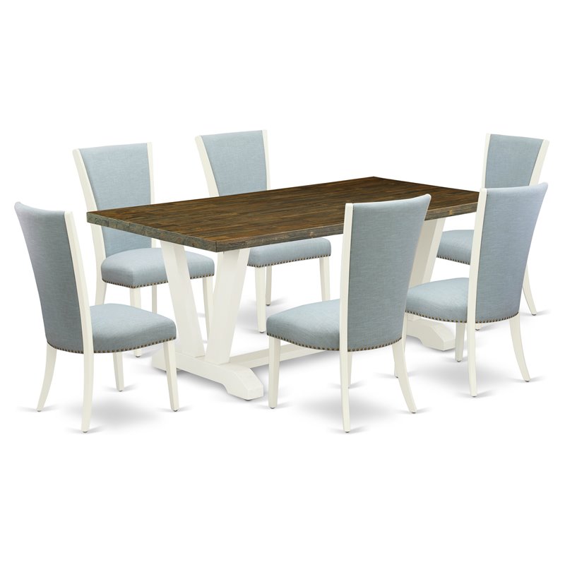 East West Furniture V-Style 7-piece Dining Table Set in Linen White/Baby Blue