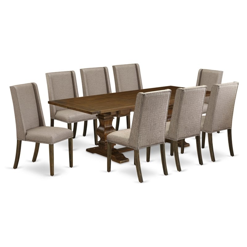 East West Furniture Lassale 9-piece Wood Dining Set in Walnut/Dark Khaki