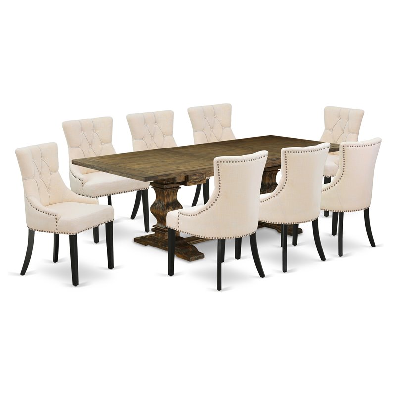 East West Furniture Lassale 9-piece Wood Dining Set in Brown/Light Beige