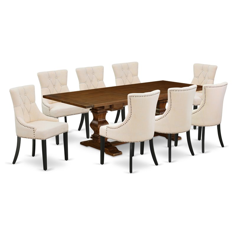 East West Furniture Lassale 9-piece Wood Dining Set in Walnut/Light Beige