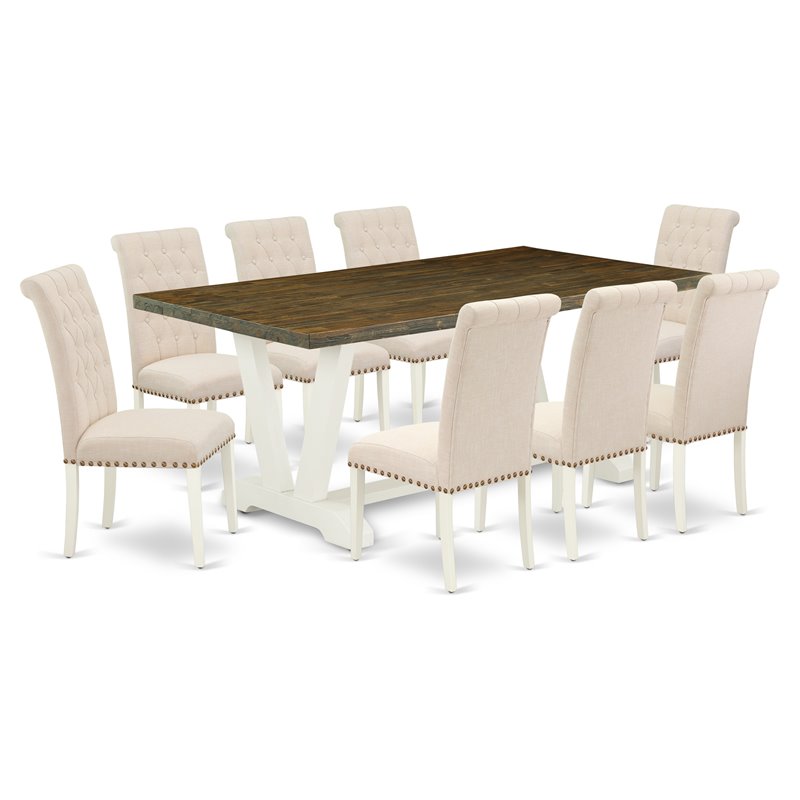 East West Furniture V-Style 9-piece Wood Dining Set in Linen White/Light Beige