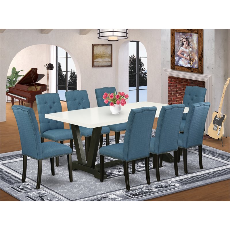 East West Furniture V-Style 9-piece Wood Dining Set in Black/Mineral Blue