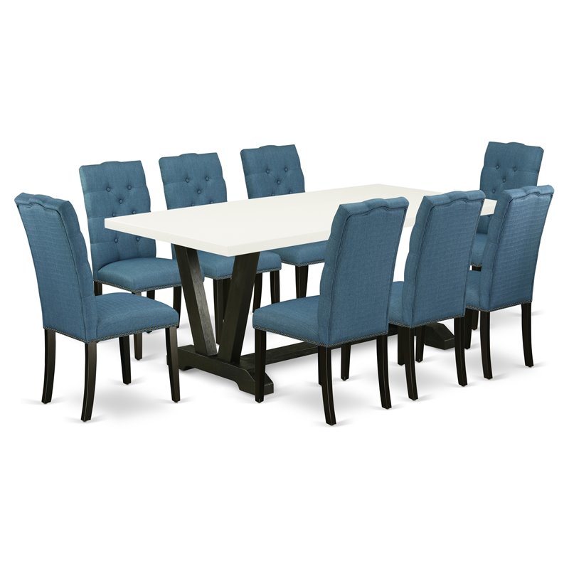 East West Furniture V-Style 9-piece Wood Dining Set in Black/Mineral Blue