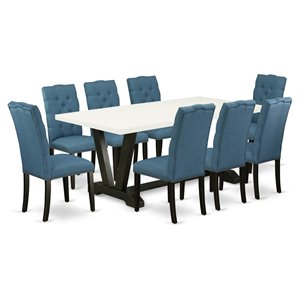 East West Furniture V-Style 9-piece Wood Dining Set in Black/Mineral Blue