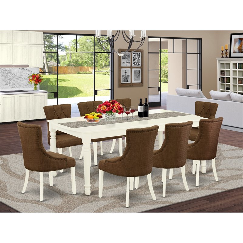 East West Furniture Dover 9-piece Wood Dining Set in Linen White/Dark Coffee