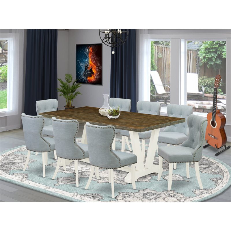East West Furniture V-Style 9Pcs Wood Dining Set in White/Baby Blue