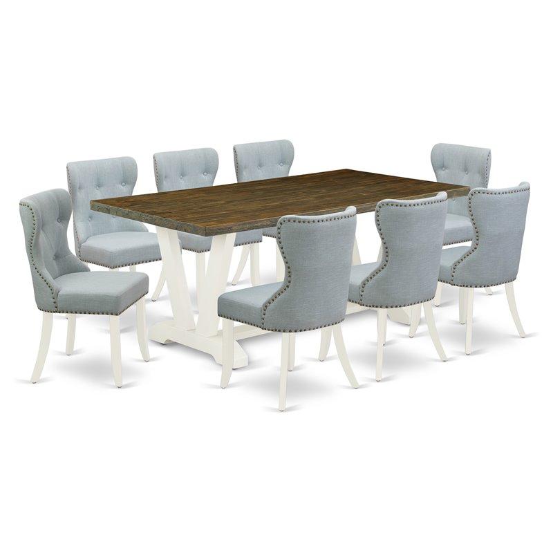 East West Furniture V-Style 9Pcs Wood Dining Set in White/Baby Blue