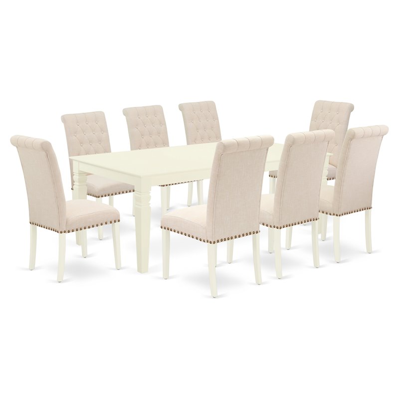 East West Furniture Logan 9-piece Wood Dining Set in Linen White/Light Beige