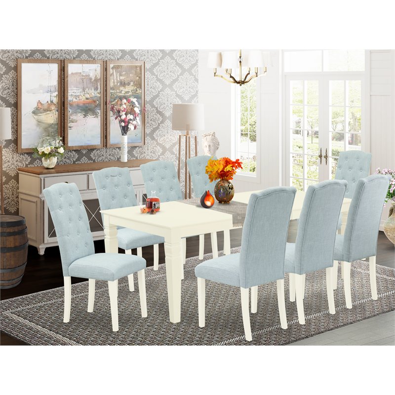East West Furniture Logan 9-piece Wood Dining Set in Linen White/Baby Blue