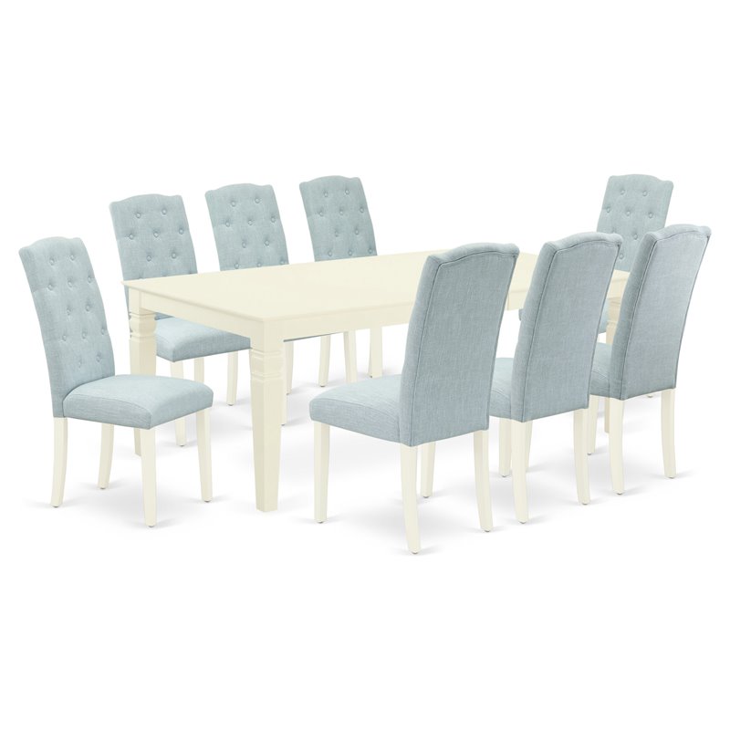 East West Furniture Logan 9-piece Wood Dining Set in Linen White/Baby Blue