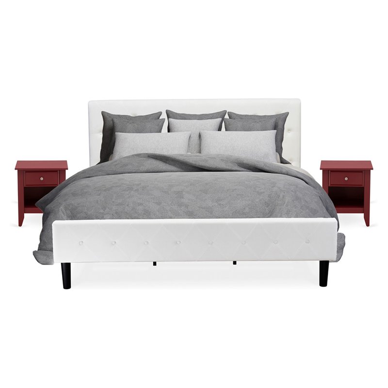 East West Furniture Nolan 3-Piece Wood King Bedroom Set in White/Burgundy