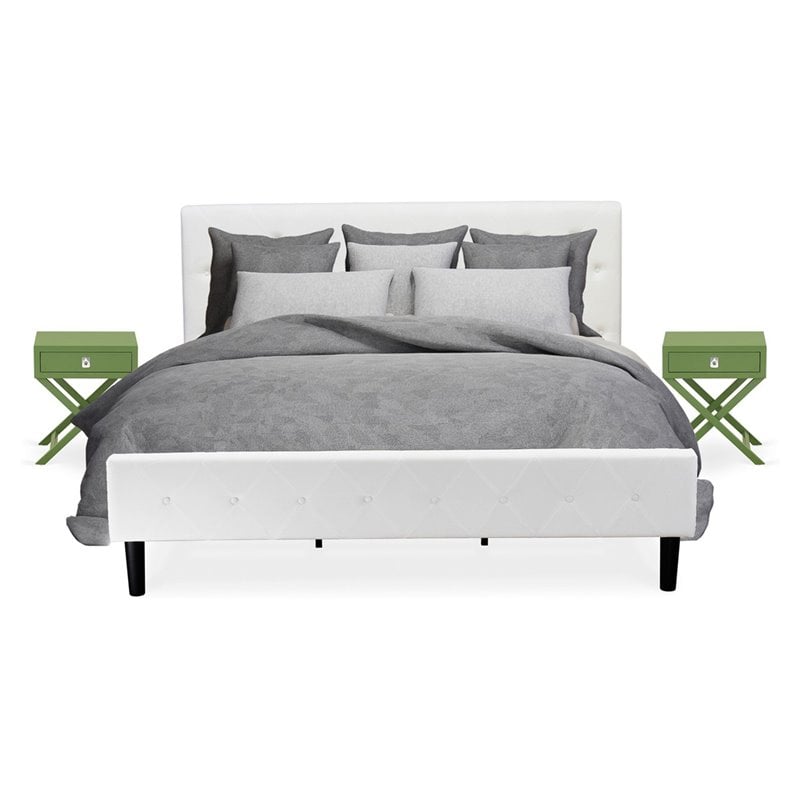 East West Furniture Nolan 3 Pieces Wood King Bedroom Set in White/Clover Green
