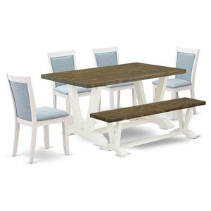 East West Furniture V-Style 6-Piece Wood Dining Set in Jacobean/White/Blue