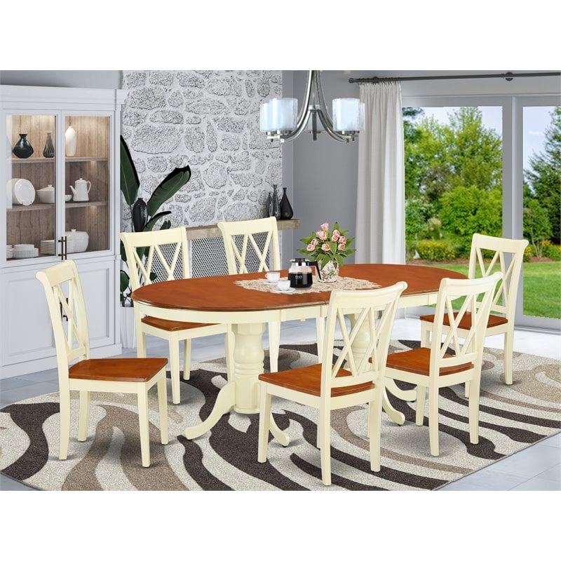 East West Furniture Plainville 7-Piece Wooden Dining Set in White/Cherry