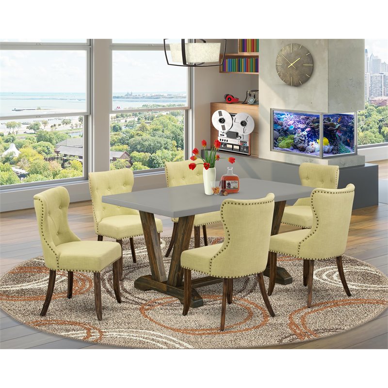 East West Furniture V-Style 7-Piece Wood Dining Set in Jacobean/Limelight Beige