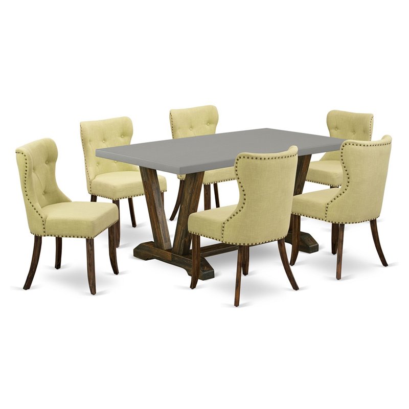 East West Furniture V-Style 7-Piece Wood Dining Set in Jacobean/Limelight Beige