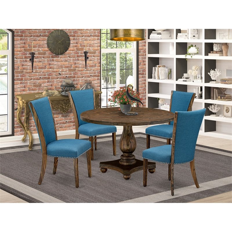 East West Furniture Irving 5-Piece Wood Dining Set in Distressed Jacobean/Blue